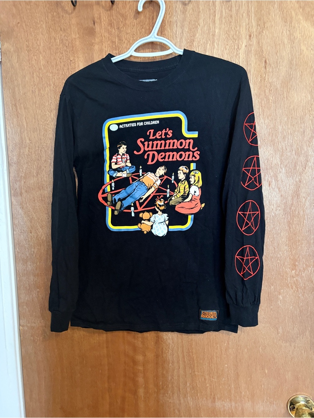 Black Long-Sleeve Graphic Tee with Red Sleeve Pentagrams